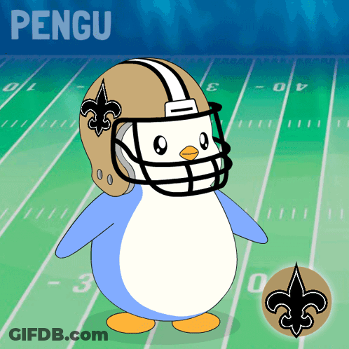 Penguin Wearing New Orleans Saints Helmet On Football Field GIF