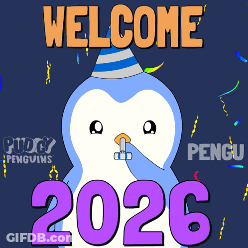 Penguin Wearing Party Hat Says Welcome Penguins 2026 GIF