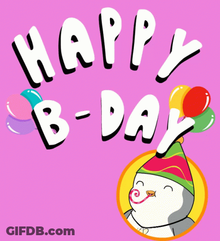 Penguin Wearing Party Hat With Balloons Saying Happy B-Day GIF