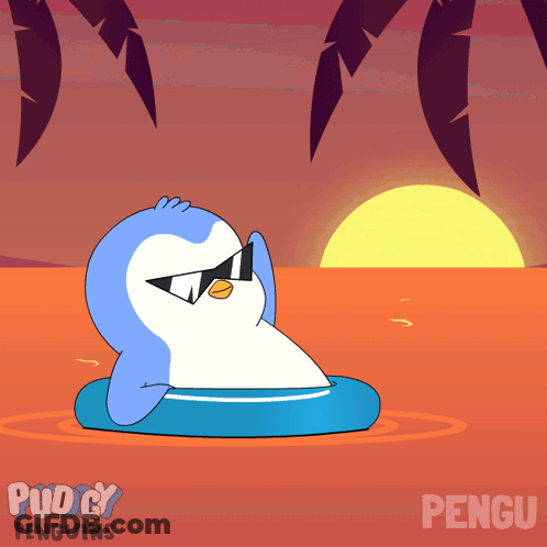 Penguin Wearing Sunglasses On Raft Saying Pengu GIF