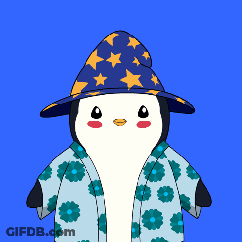 Penguin Wearing Wizard Hat And Flowered Shirt GIF