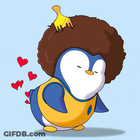 Penguin With Afro Being Brushed By Yellow Fork GIF