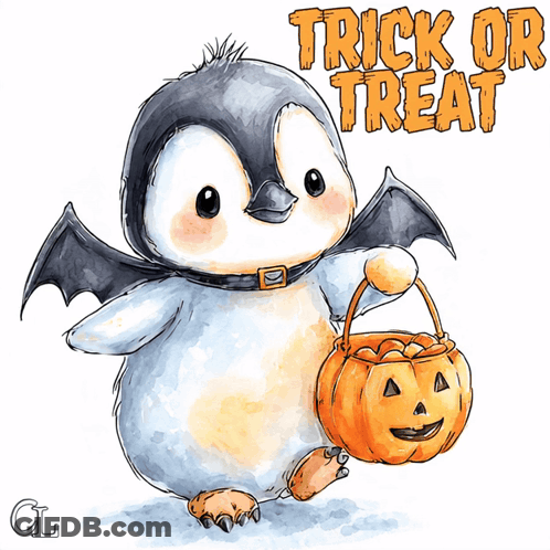 Penguin With Bat Wings Carrying Pumpkin Trick Or Treat GIF