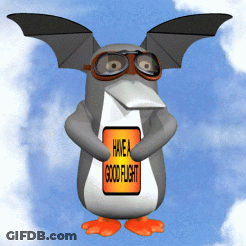 Penguin With Bat Wings Holding Have A Good Flight Sign GIF