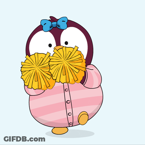 Penguin With Blue Bow Holding Yellow Pom Poms GIF