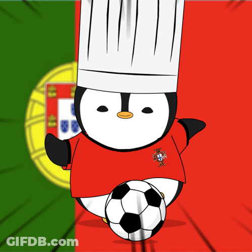 Penguin With Chef Hat Kicking Soccer Ball Portugal Flag GIF