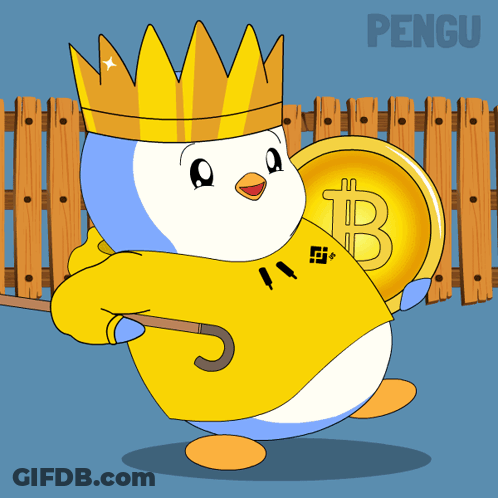 Penguin With Crown And Cane Holding B Coin GIF