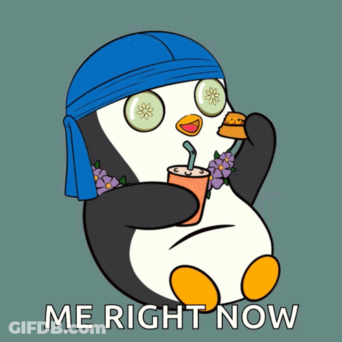 Penguin With Cucumbers Drinking And Eating Burger GIF