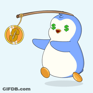 Penguin With Dollar Signs Eyes Fishing Rod Coin GIF