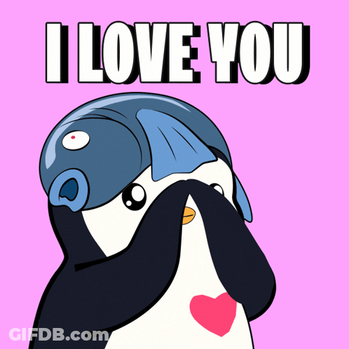 Penguin With Fish On Head Saying I Love You GIF