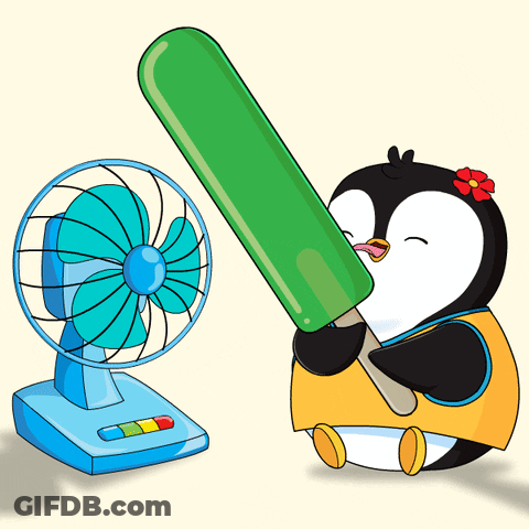 Penguin With Flower Holding Green Ice Cream Beside Fan GIF