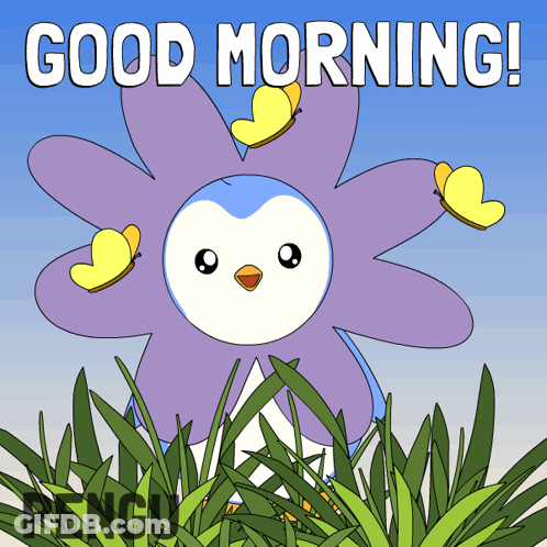 Penguin With Flower Surrounded By Butterflies GIF