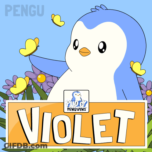 Penguin With Flowers And Butterflies Says Violet GIF