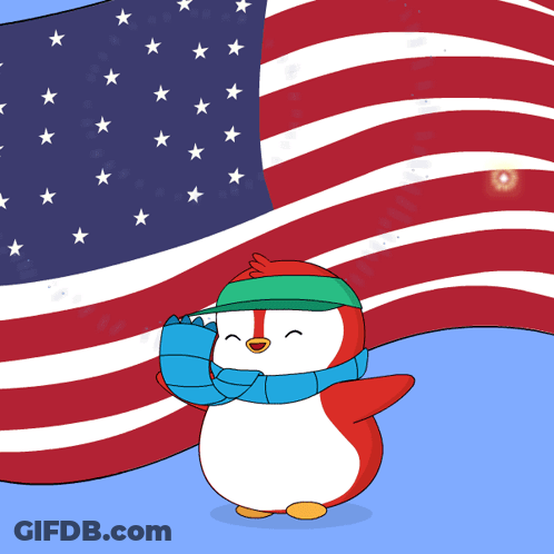 Penguin With Hat And Scarf Before Large American Flag GIF