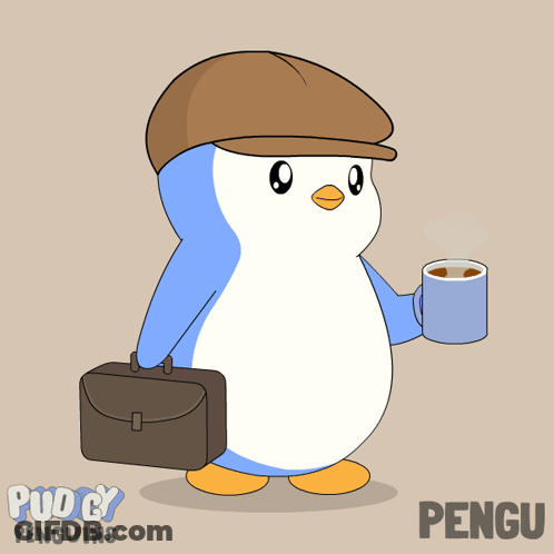 Penguin With Hat Holding Briefcase And Coffee GIF