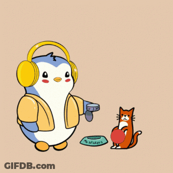 Penguin With Headphones Next To Cat GIF