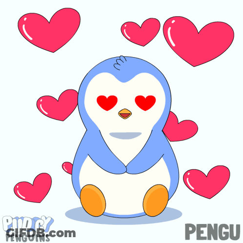 Penguin With Heart Eyes Surrounded By Pink Hearts And Name Pengu GIF