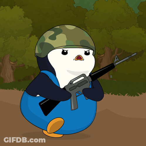 Penguin With Helmet And Assault Rifle GIF