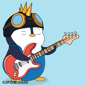 Penguin With Helmet And Goggles Playing Guitar GIF