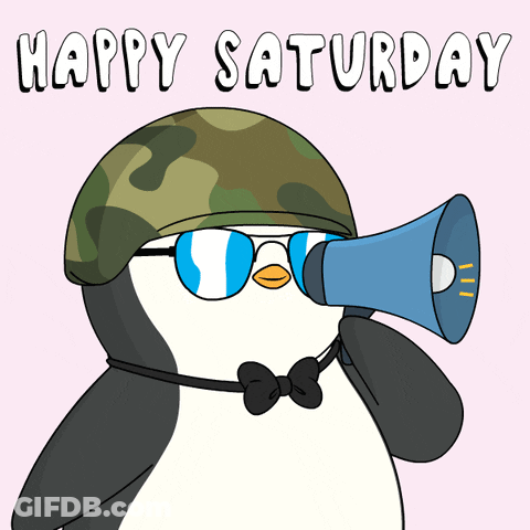 Penguin With Helmet And Sunglasses Holding Megaphone Saying Happy Saturday GIF