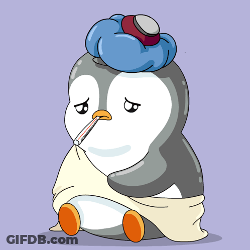 Penguin With Ice Pack On Head And Mouth Thermometer GIF