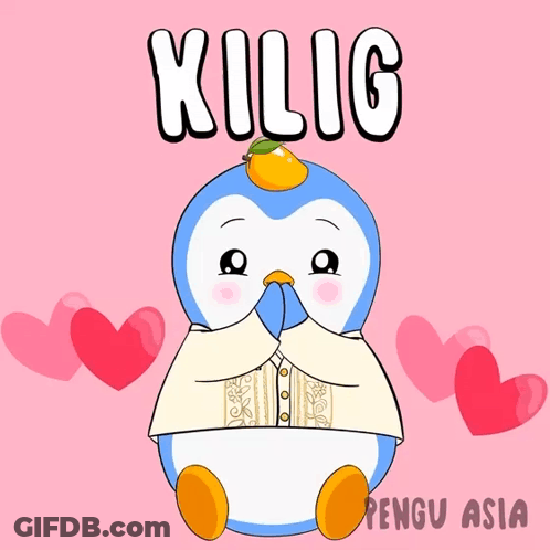 Penguin With Mango On Head Surrounded By Pink Hearts Kilig GIF