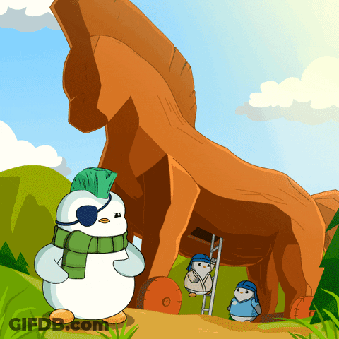 Penguin With Mohawk And Scarf In Front Of Wooden Horse Statue GIF