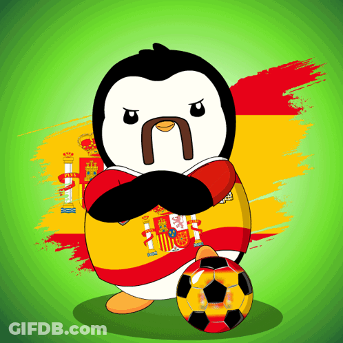Penguin With Mustache Holding Soccer Ball Spanish Flag GIF