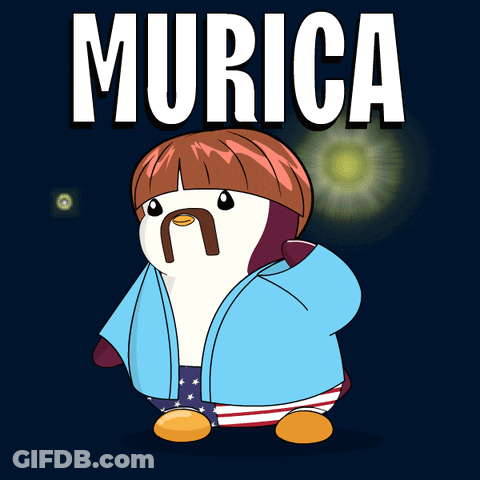Penguin With Mustache In Blue Hoodie Saying Murica GIF