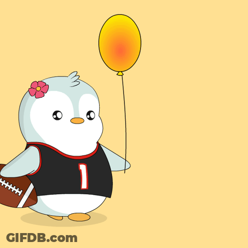 Penguin With Number 1 Holding Football And Balloon GIF