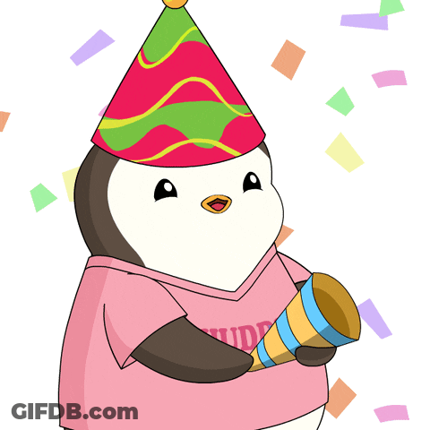 Penguin With Party Hat And Pink Shirt Holding Confetti Cannon GIF