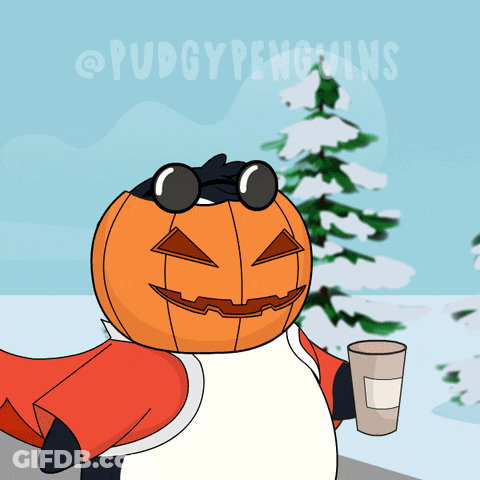 Penguin With Pumpkin On Head Holding Coffee GIF