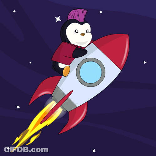 Penguin With Purple Mohawk Flying On Rocket GIF
