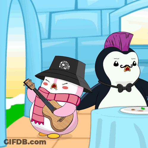 Penguin With Purple Mohawk Playing Guitar GIF