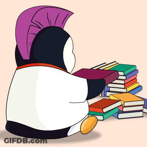 Penguin With Purple Mohawk Reading Book GIF
