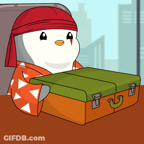 Penguin With Red Headband Holding Green Suitcase GIF