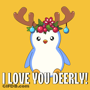 Penguin With Reindeer Antlers And Wreath Saying I Love You Deerly GIF
