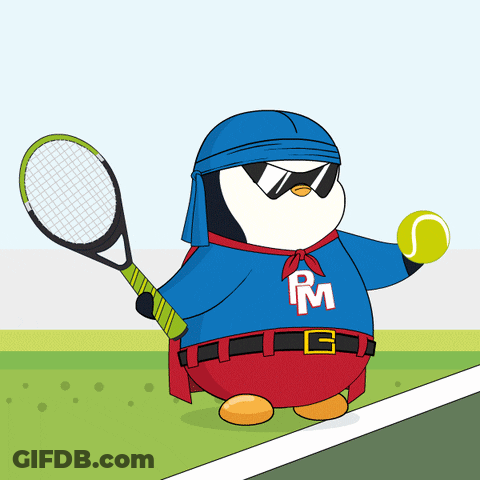 Penguin With RM On Shirt Holding Tennis Racquet GIF