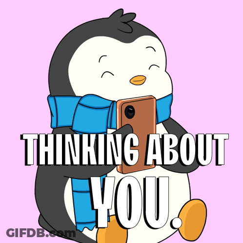 Penguin With Scarf Holding Cell Phone Saying Thinking About You GIF