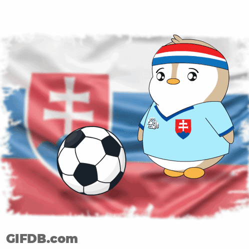 Penguin With Soccer Ball In Front Of Flag GIF