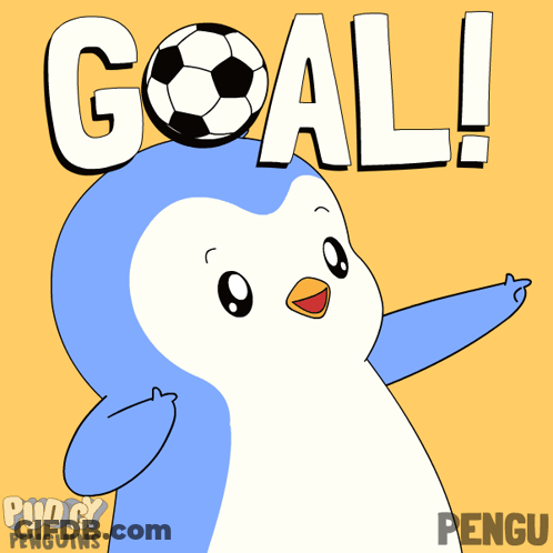 Penguin With Soccer Ball On Head Saying Goal GIF