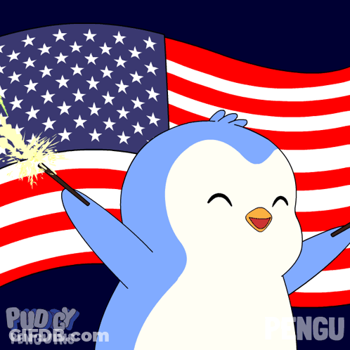 Penguin With Sparkler In Front Of American Flag GIF
