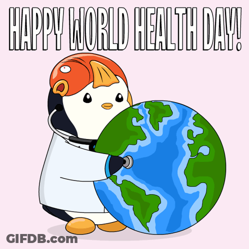 Penguin With Stethoscope Holding Globe Happy World Health Day GIF
