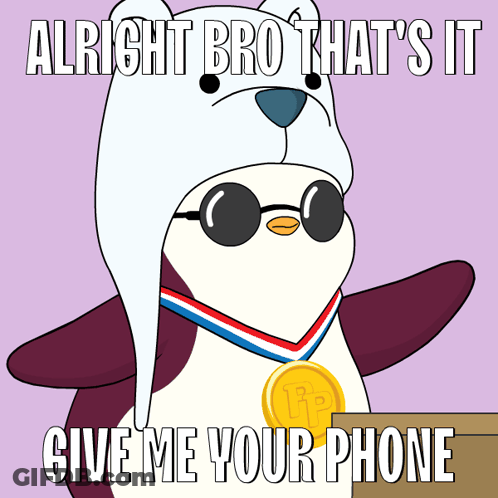 Penguin With Sunglasses And Medal Saying Alright Bro That's It Give Me Your Phone GIF