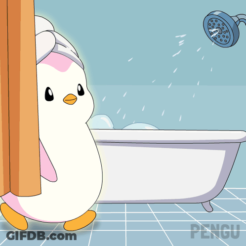 Penguin With Towel On Head By Bathtub GIF