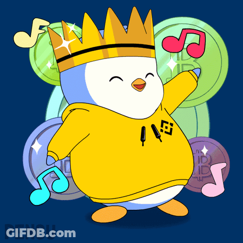 Penguin With Yellow Hoodie Gold Crown Coins Music Notes GIF
