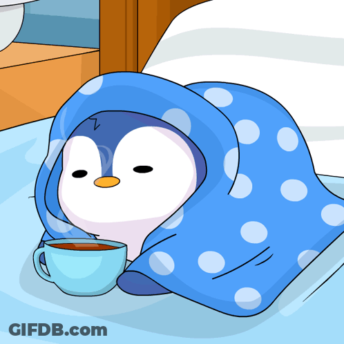 Penguin Wrapped In Blue Polka Dot Blanket With Coffee GIF
