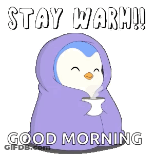Penguin Wrapped In Purple Blanket Holding Coffee Says Stay Warm Good Morning GIF