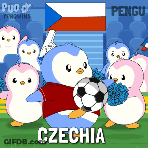 Penguins Cheering For Czechia Holding Soccer Ball GIF