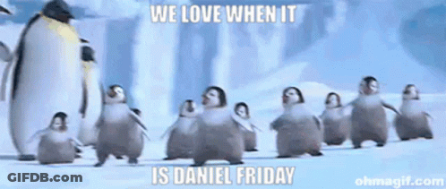 Penguins Dancing In Snow With Caption We Love When It Is Daniel Friday GIF